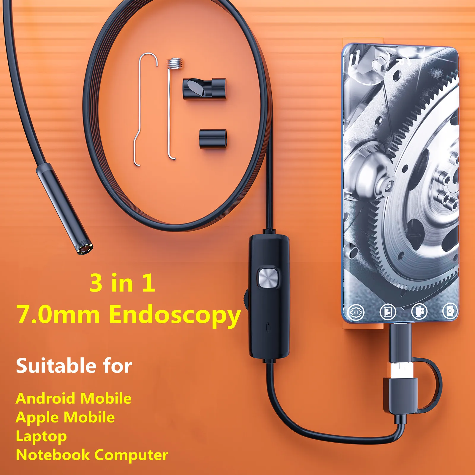 3-in-1 flexibele endoscoop high-definition camera mobiele Borescope zachte endoscoop Onderstel Veiligheidsinspectietools 7,0 mm