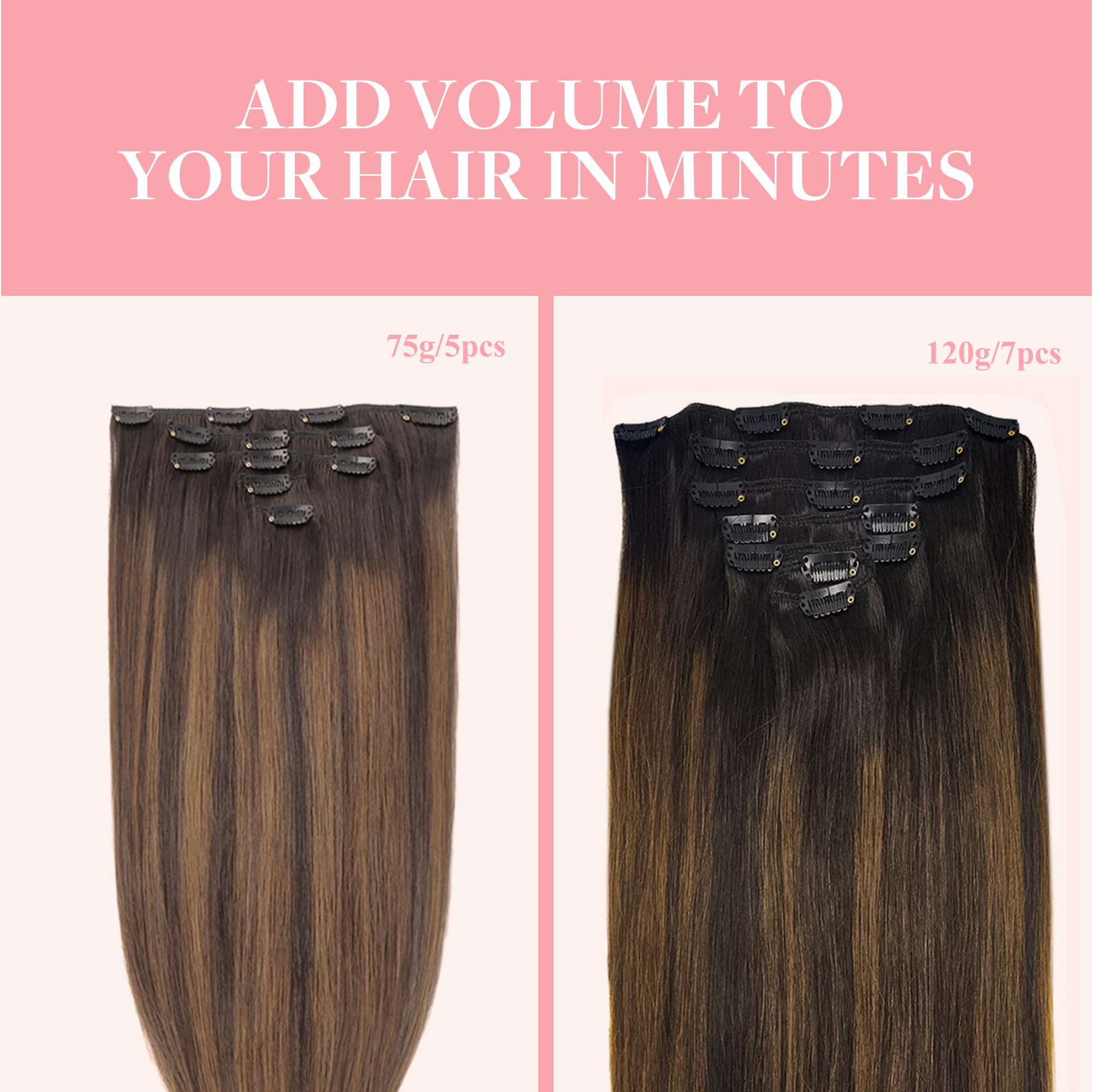 Extensions de cheveux humains lisses à clips, brun clair naturel, miel ombré, Balayage, postiches noires pour femmes, tête complète à clipser