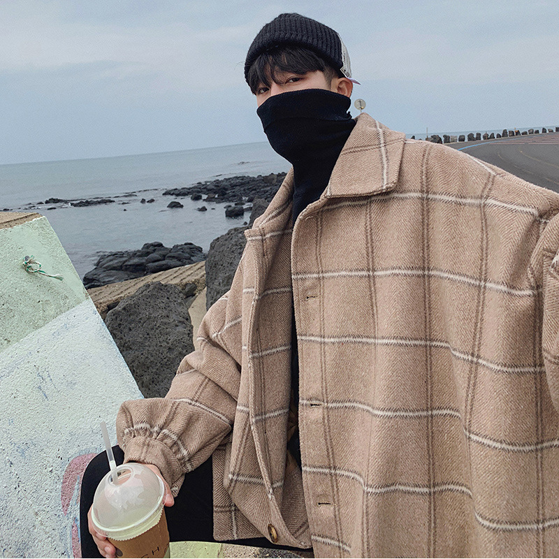 Ins Winter Korean Version Trend Jackets for Men Cloth Hong Kong Style Mid Length Lattice Windbreaker Woolen Coat Casual
