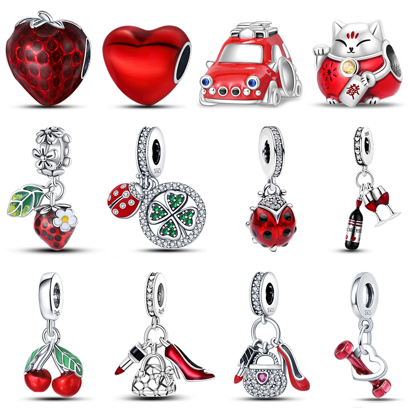 925 เงินสตรอเบอร์รี่ Ladybird Cars ลิปสติกแฟชั่นผู้หญิงสีแดง Charms Fit Pandach 925 สร้อยข้อมือเดิม DIY เครื่องประดับของขวัญ
