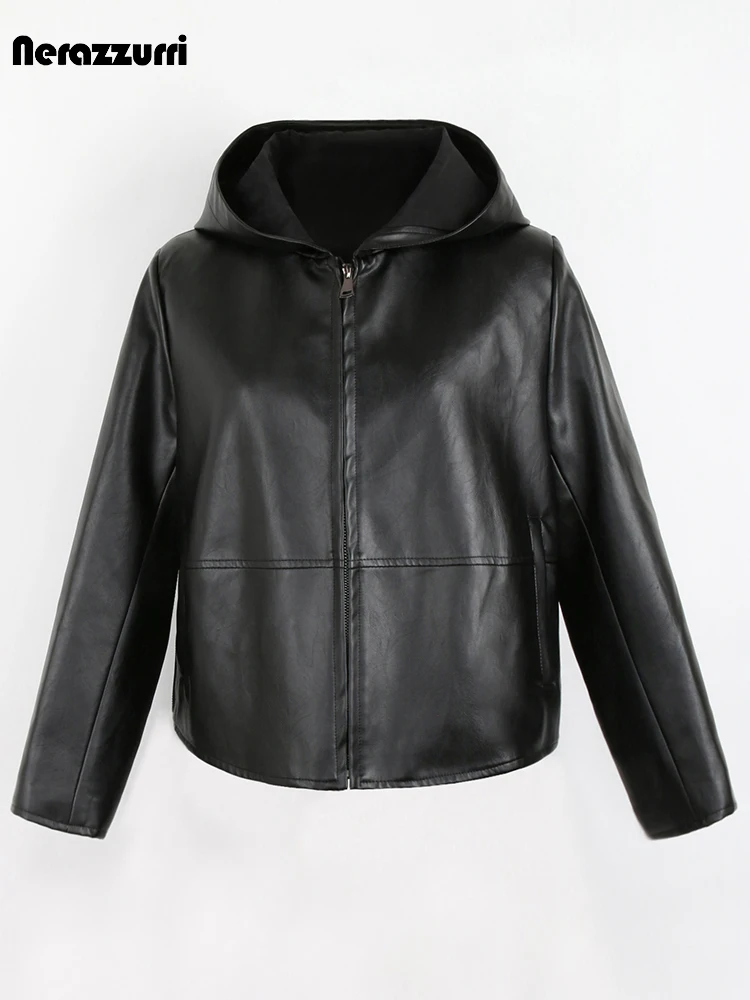 Nerazzurri Frühling Herbst Schwarz Kurze Weiche Licht Pu Leder Jacke Frauen mit Kapuze Zipper Wasserdicht Casual Regenmantel Kleidung 2022