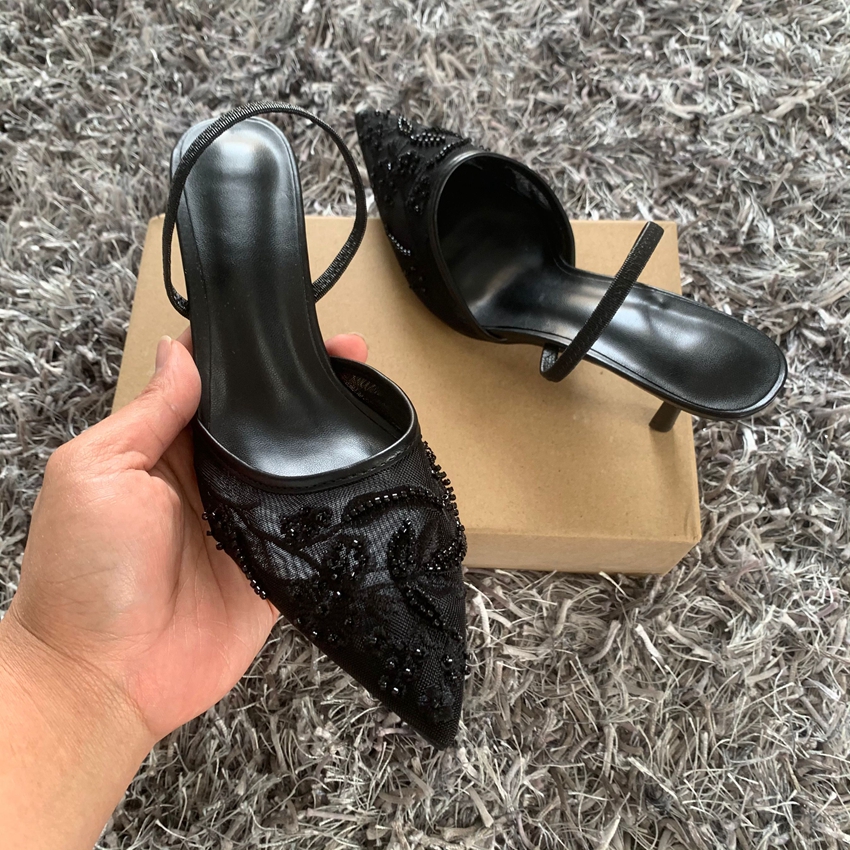 Zwart geborduurde mesh slingback hoge hakken sandalen voor dames designer schoenen vrouw elegante stijl bruiloft pompen