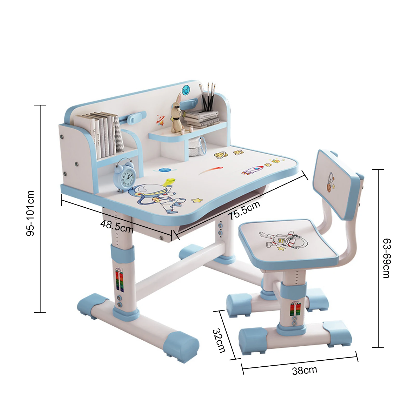 Height Adjustable Children School Study Table Chair Set with Cartoon Pattern, Ergonomic Desk Chair with Large Writing Board