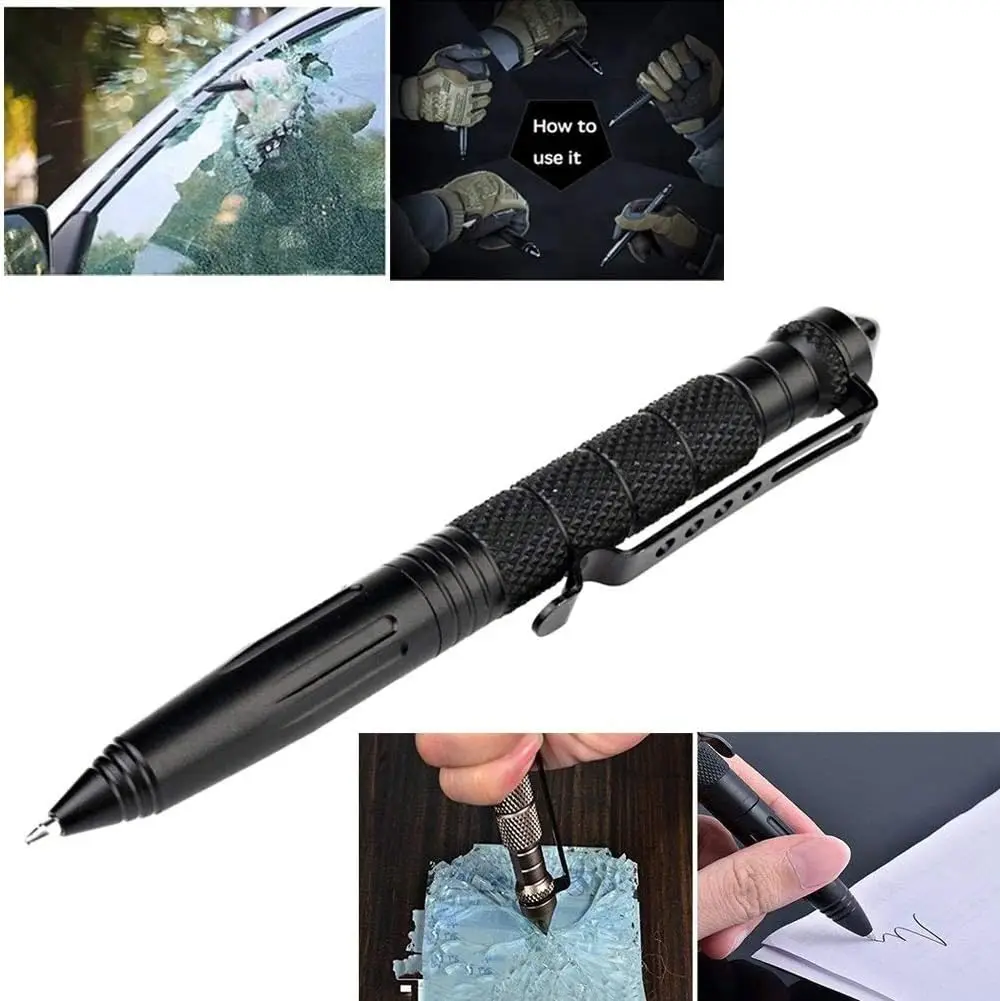 Caneta tática militar, caneta profissional de autodefesa, caneta disjuntor de vidro de emergência-aço de tungstênio, ferramenta de escrita com 6 recargas