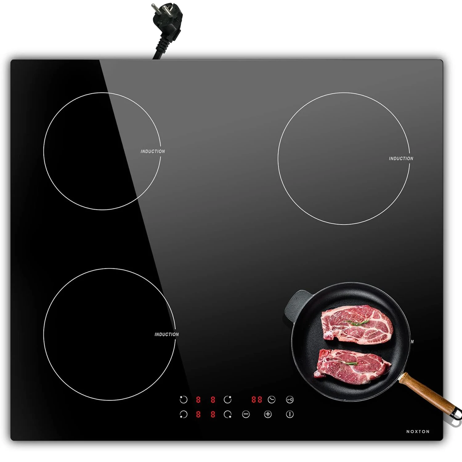 NOXTON Plug-in-Induktionskochfeld, 4 Zonen, elektrisch, 60 cm, integriert, Touch, Sicherheitsschloss, 99 Min. Timer, Schwarz, (UK: 2800 W/EU:3500 W)