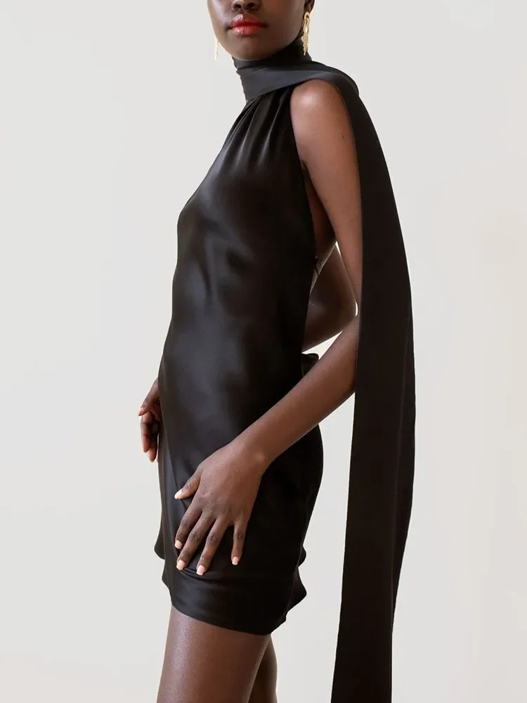 Patchwork Formal Dresses for Women Halter Collar Off Shoulder Sleeveless High Waist Backless Satin Mini Dress Female Style