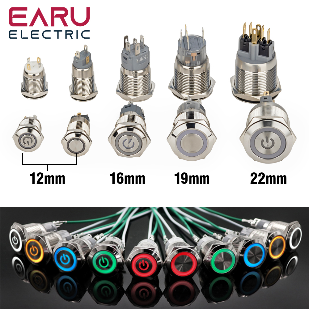 12/16/19/22Mm Chống Nước Kim Loại Nút Ấn Công Tắc LED Nhất Thời Chốt Xe Ô Tô Công Suất Động Cơ công Tắc 5V 12V 24V 220V Màu Xanh Đỏ