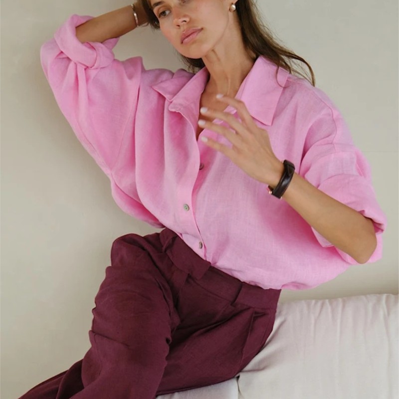 Epligg Damen Weißes Hemd Langarm Elegant Rosa Lose Mode Bluse Sommer Vintage Basic Top Kragen Hemd für Damen