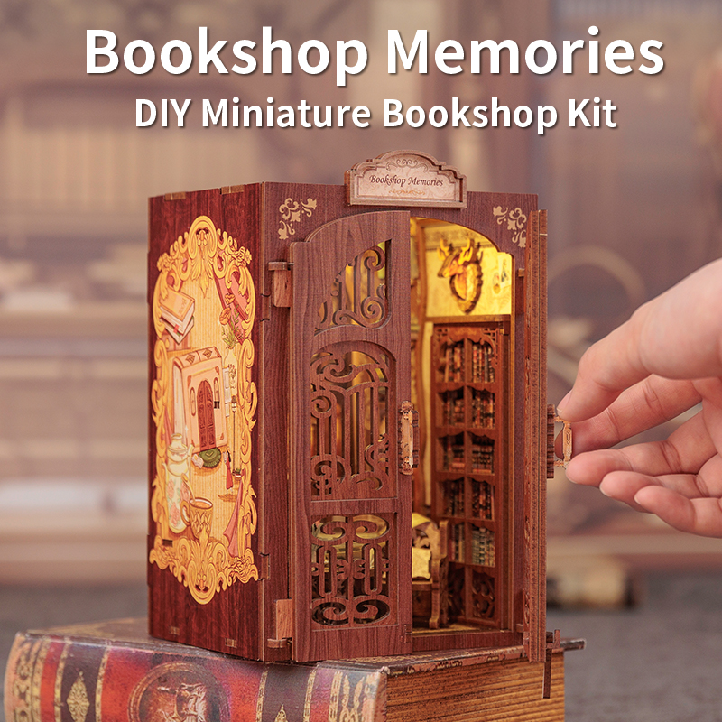 CUTEBEE DIY Book Nook Kit Miniaturowy drewniany domek dla lalek z lekką półką na książki Model dekoracji na prezenty Wspomnienia z księgarni