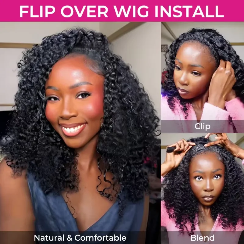 Mezza parrucca Parrucche per capelli umani 200% Mezza parrucca Parrucche per capelli umani ricci crespi 3 in 1 Attaccatura invisibile Indossare con coulisse Senza soluzione di continuità