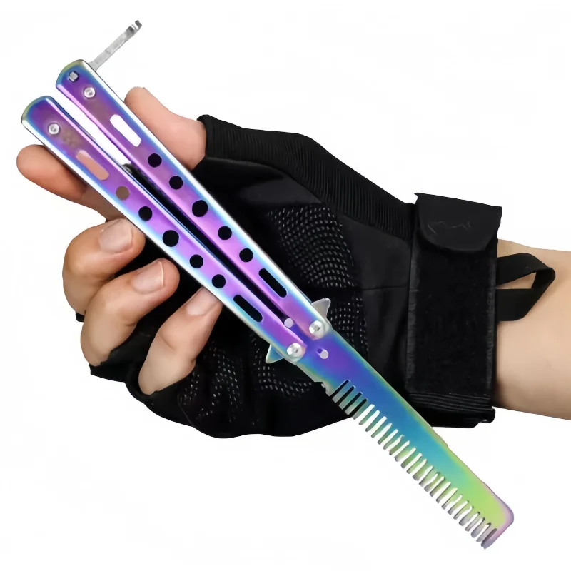 Peine plegable de acero inoxidable para práctica de entrenamiento, cuchillo de mariposa, peine para Barba, bigote, cepillo, herramienta de Peinado para salón de peluquería