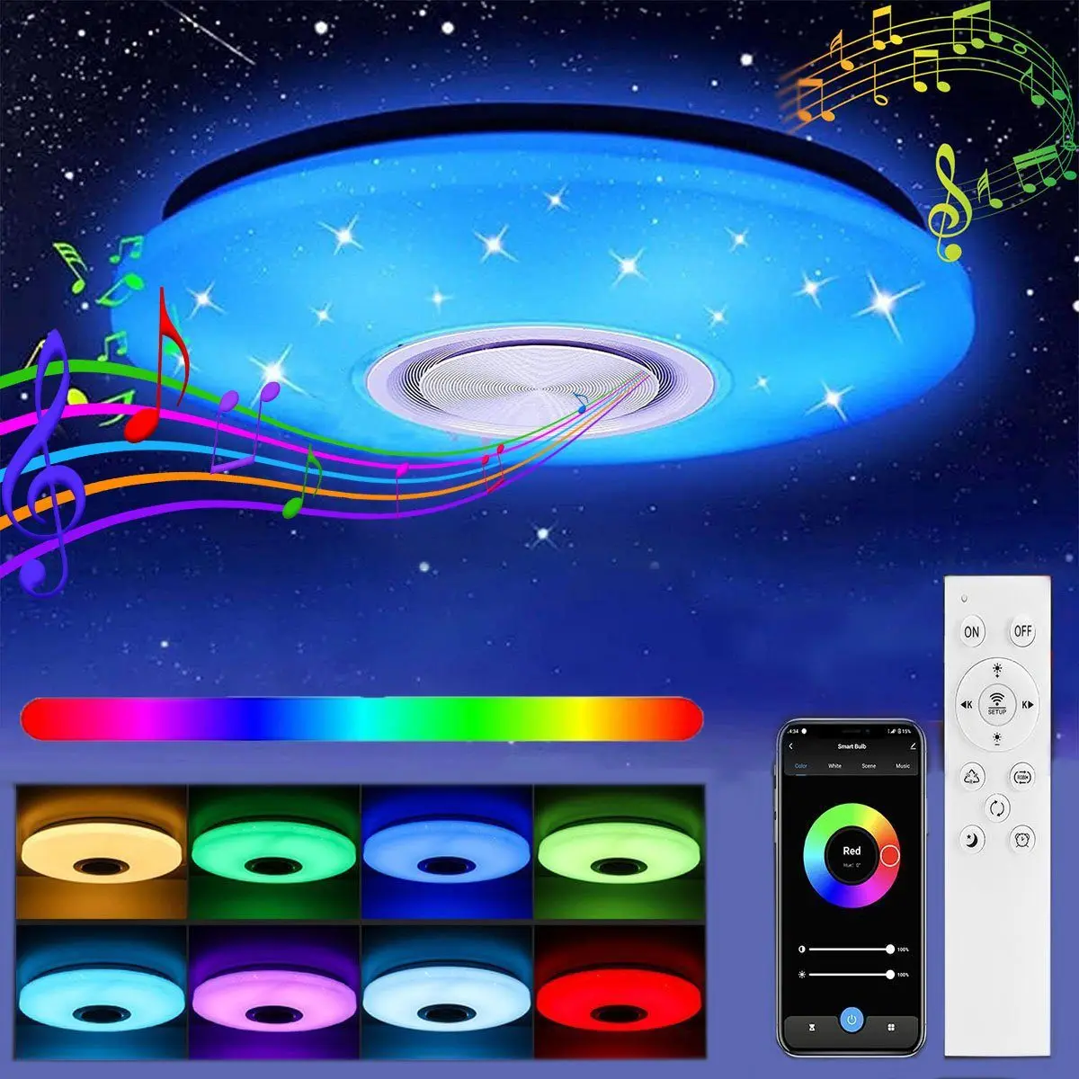 36-W-LED-Deckenleuchte mit Bluetooth-Lautsprecher, dimmbar mit Fernbedienung und APP-Steuerung, LED-Deckenleuchte mit RGB-Farbwechsel