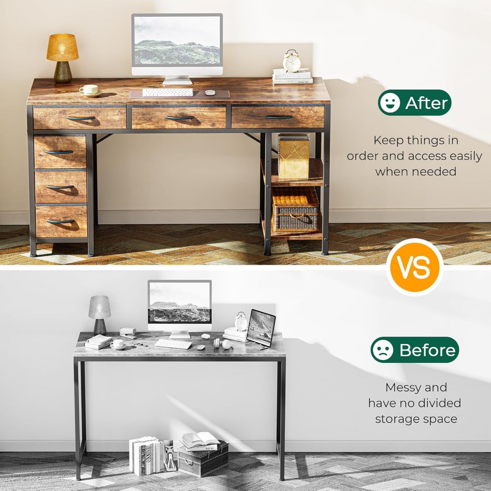 Computer Desk with 6 Drawers, 47 Inch Office Desk with Shelves, Computers Desks