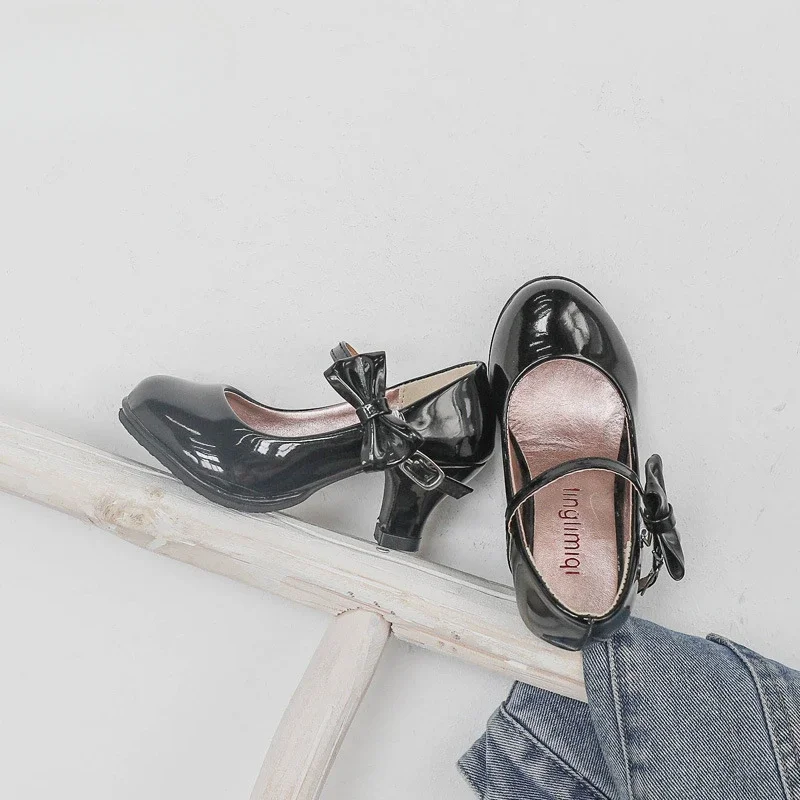 Mädchen Prinzessin Leder Schuhe Glänzend PU Mode Kinder Süße Bowtie Kleid Schuhe für Ballett Frühling Herbst Kinder High Heels Kausalen