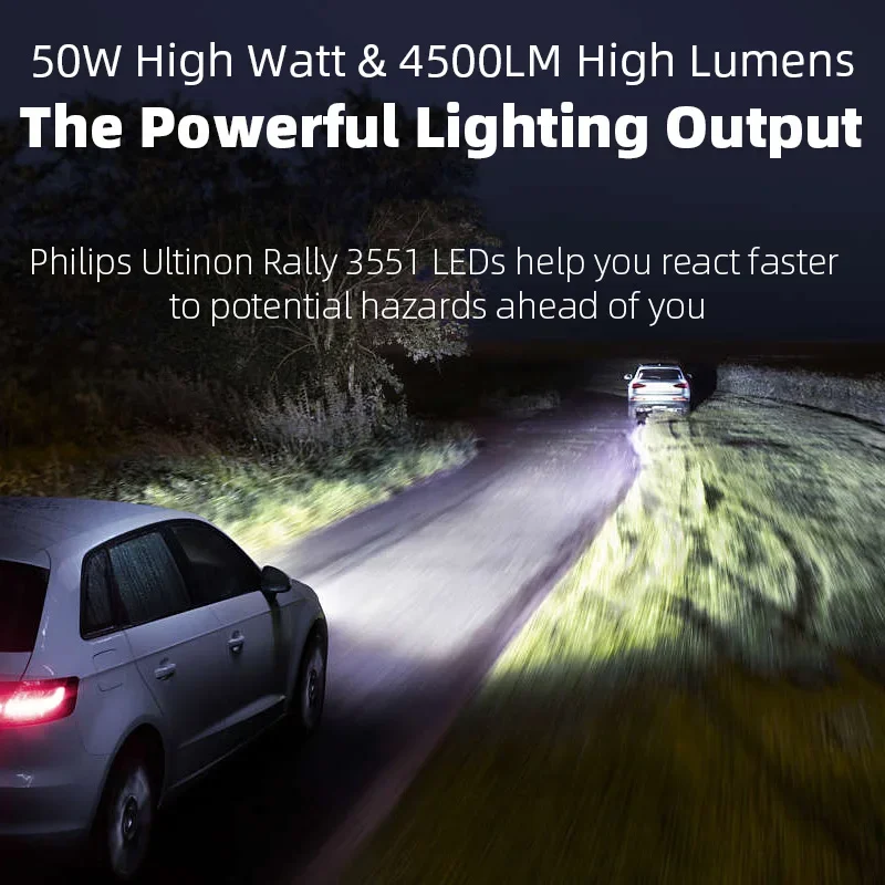 Philips Ultinon Rally 3551 LED H4 H7 H11 HB3/4 H18 H19 HIR2 Farol de carro 6500K Branco Potência máxima 100W Lumen máximo 9000lm Lâmpada LED