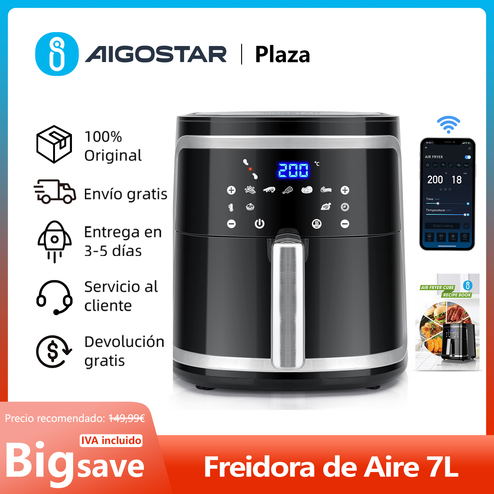 Freidora de Aire Inteligente Sin Aceite, 7L, Pantalla LED Táctil, 7 Funciones Preestablecidas + Mantener Caliente y Modo Manual, Cesta Antiadherente Extraíble, Conexión Wifi, Libre de BPA, 1900W