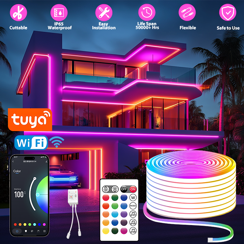 Tuya Smart Life Wifi Led Neon Lichtstrip 30M 24V Lichtstrip Rgb Neon Bord Tape Werk Met Alexa Tv Home Outdoor Decor Verlichting