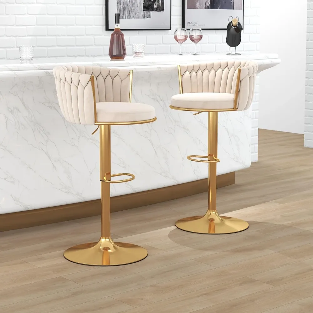 Gold Bar Stool Set of 4, Velvet Swivel Barstools, Height Adjustable Counter Stools with Woven Backrest, Upholstered Modern