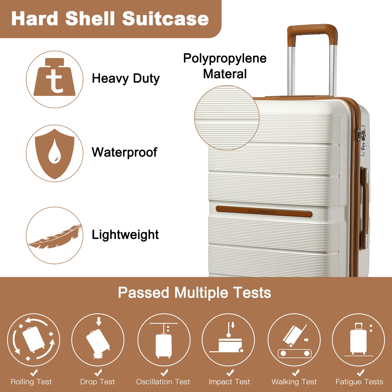 Maleta rígida de viaje británico, equipaje de mano de Material PP 100%, 8 ruedas giratorias, TSA Lock, color Beige