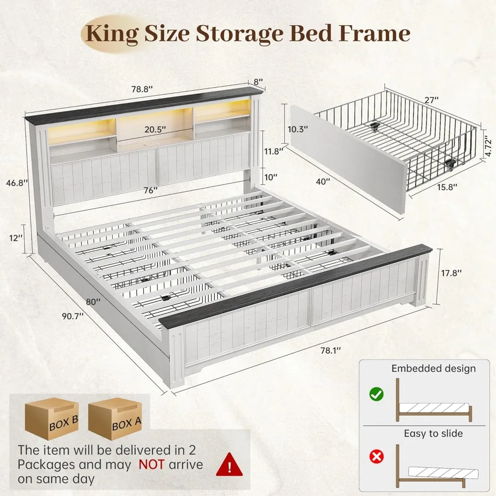 EnHomee King Size Bed Frame and Headboard, King Bed Frame with 4 Drawers USB & LED, Farmhouse Bed Built in Charging Station,No B