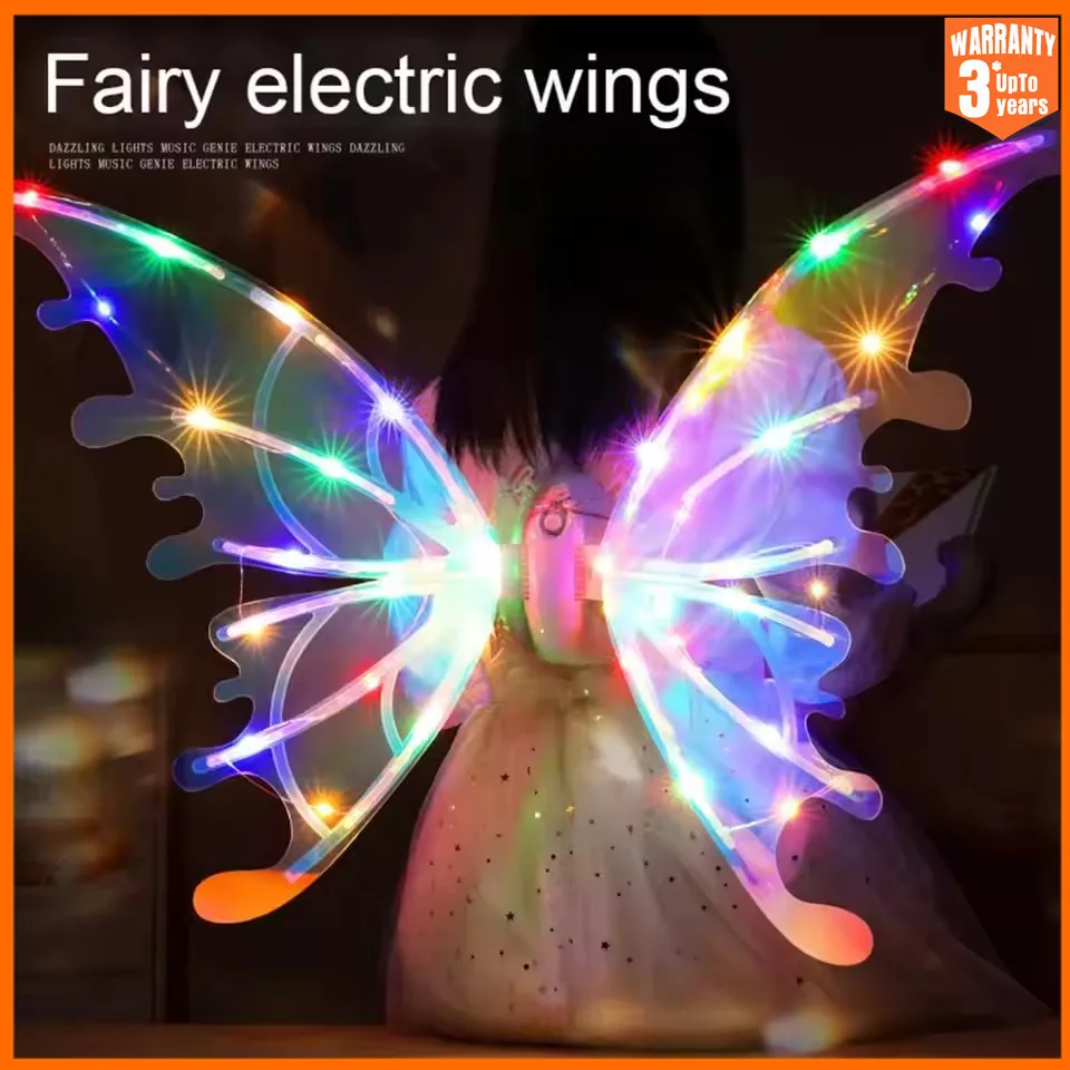 Asas de borboleta elétricas brinquedo com luzes musicais asas de elfo brilhantes vestir-se asas de fadas em movimento para crianças meninos meninas presente