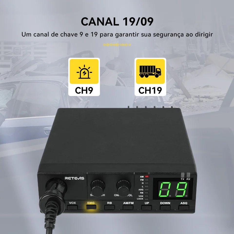 Retevis MB62 Comunicador de rádio CB para carro móvel AM/FM 27MHz Rádio CB portátil canal instantâneo 9/19 rádios de longo alcance para caminhantes