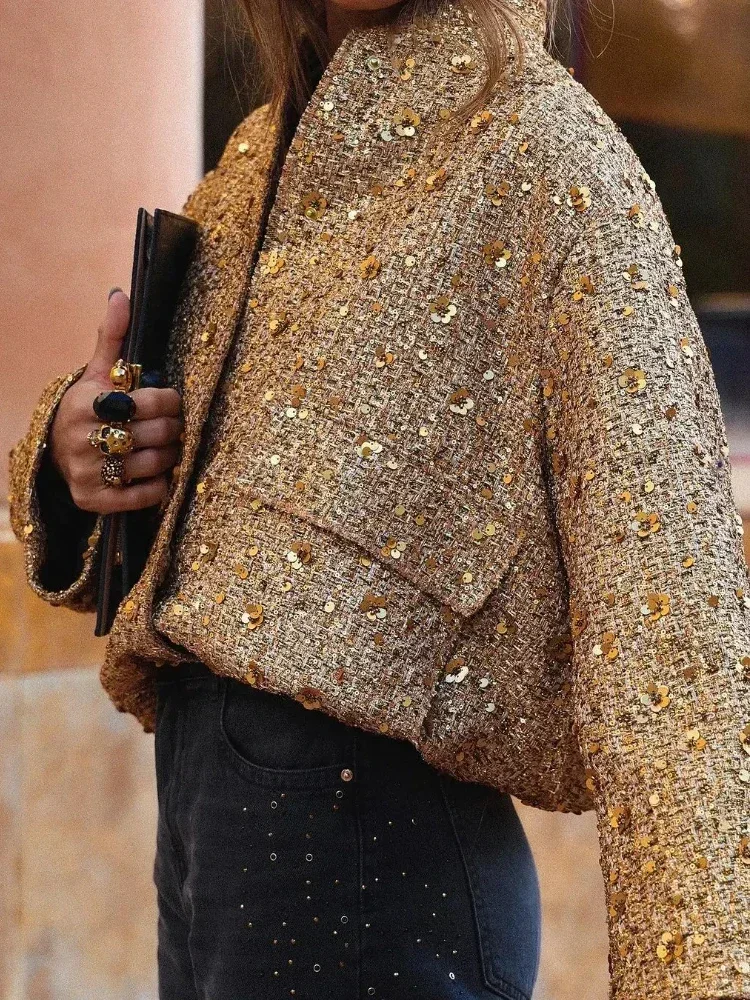 2024 frauen Pailletten Bomber Jacke Herbst Neue Rundhals Langarm Tasche Stretch Saum Pailletten Jacke Mantel Weibliche Chic Oberbekleidung