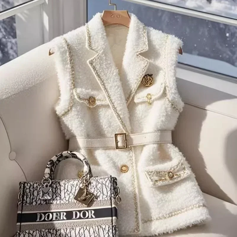 Chaqueta de lana de cordero blanca con cinturón liso, Blazers sin mangas, chaleco, ropa de abrigo Formal elegante para oficina para mujer