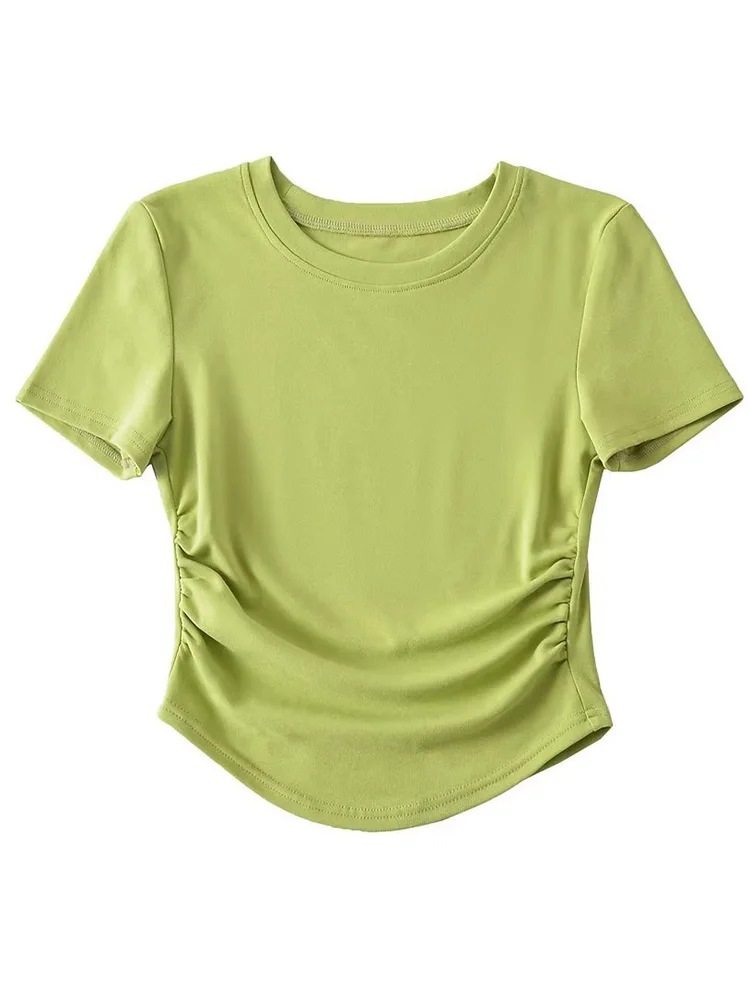 Camiseta de algodón de manga corta con cuello redondo para mujer Harajuku 2024 con detalles de lados fruncidos