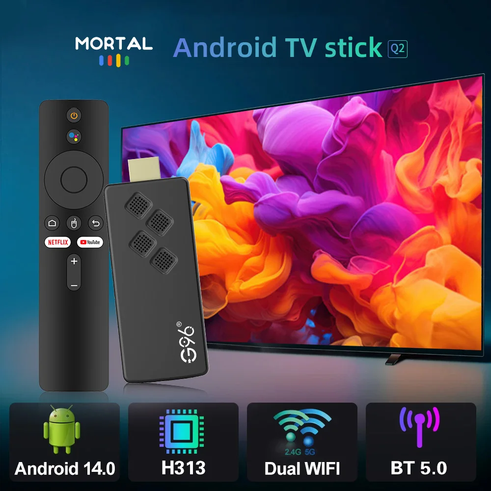 Preço de fábrica Android 14 TV Stick Mortal Q2 Comando por voz 8K 4K Vídeo BT5.0 Wifi6 Netflix YouTube Streaming rápido vs Fire TV Stick