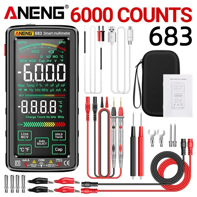 ANENG 683 6000 นับสมาร์ทหน้าจอมัลติมิเตอร์แบบชาร์จไฟได้แอมป์มิเตอร์ AC/DC เครื่องทดสอบแรงดันไฟฟ้า NCV ไดโอดเครื่องมือช่างไฟฟ้า
