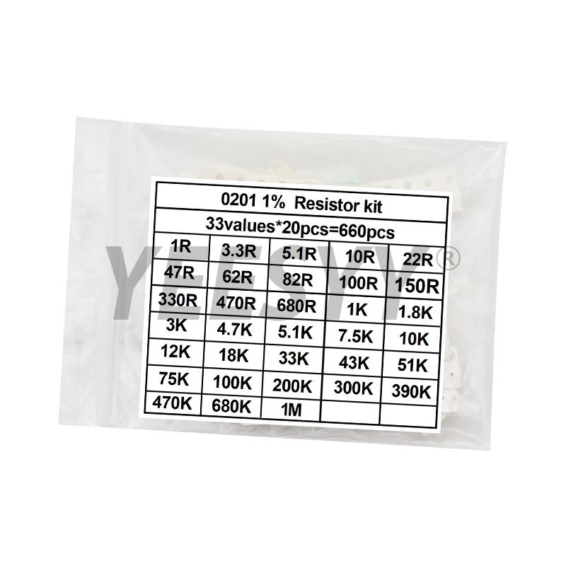 660 Uds 0603 0805 1206 0402 0201 1% Kit surtido de resistencias de Chip SMD 1R - 1M ohm 33valuesX20pcs juego de muestras de resistencia