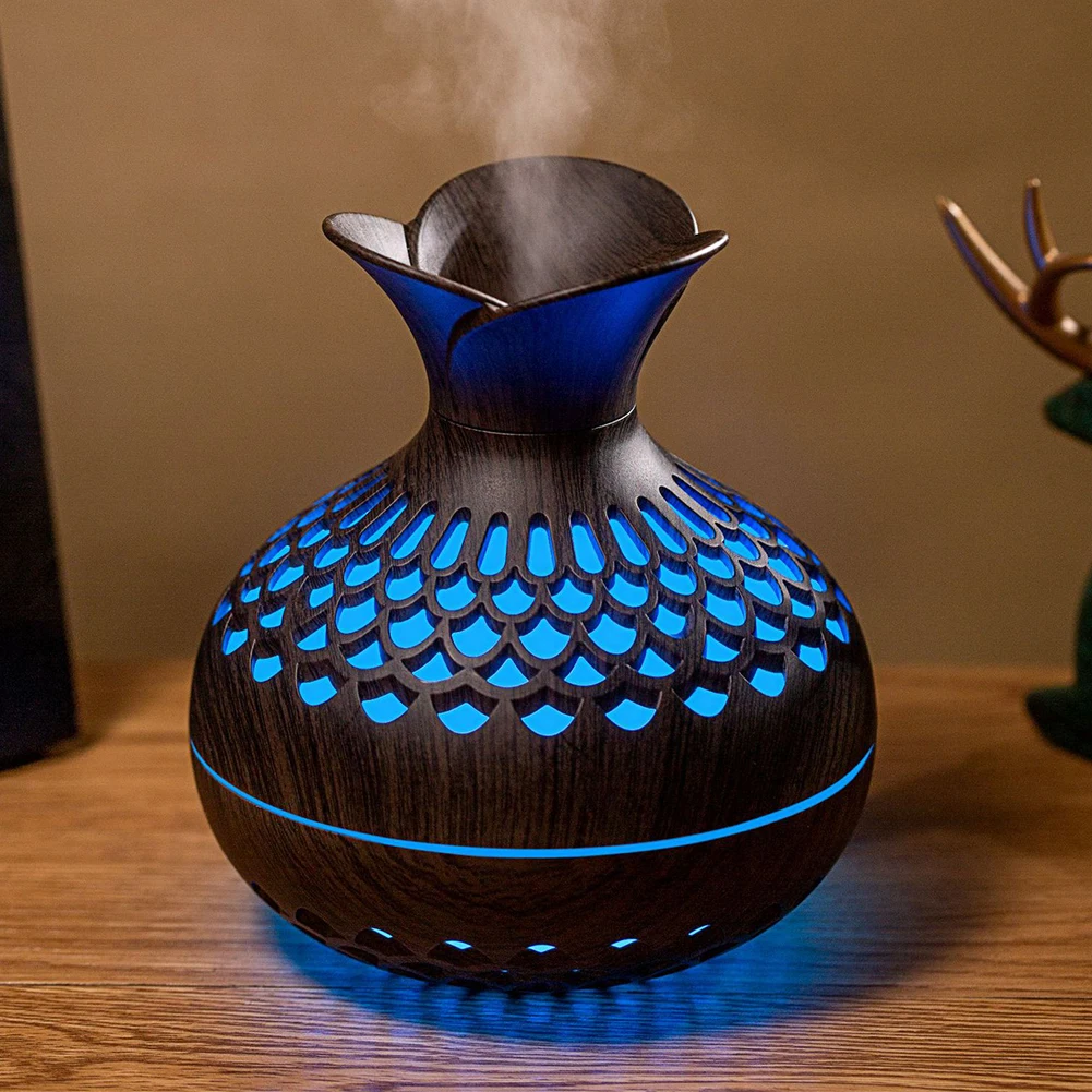300 ml Luftbefeuchter mit Holzmaserung und Blumen, leiser Aromatherapie-Diffusor, wiederaufladbarer USB-Mini-Luftbefeuchter mit buntem Nachtlicht