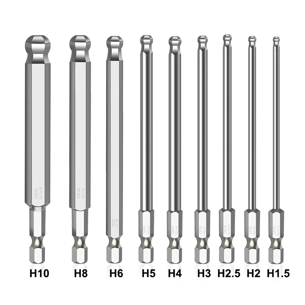 Ball End Hex Screwdriver Bits Set Metric Allen Hex Bits 100mm Long Magnetic Ball Head Driver Bit H1.5 H2.5 H3 H4 H5 H6 H8 H10