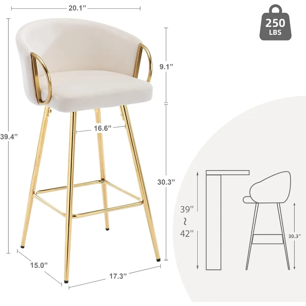 Bar Stool Set 2,30" Counter Height Bar Stool Velvet Low Back Chair with Gold Armrests for Kitchen Island/Family Bar/Dining Area
