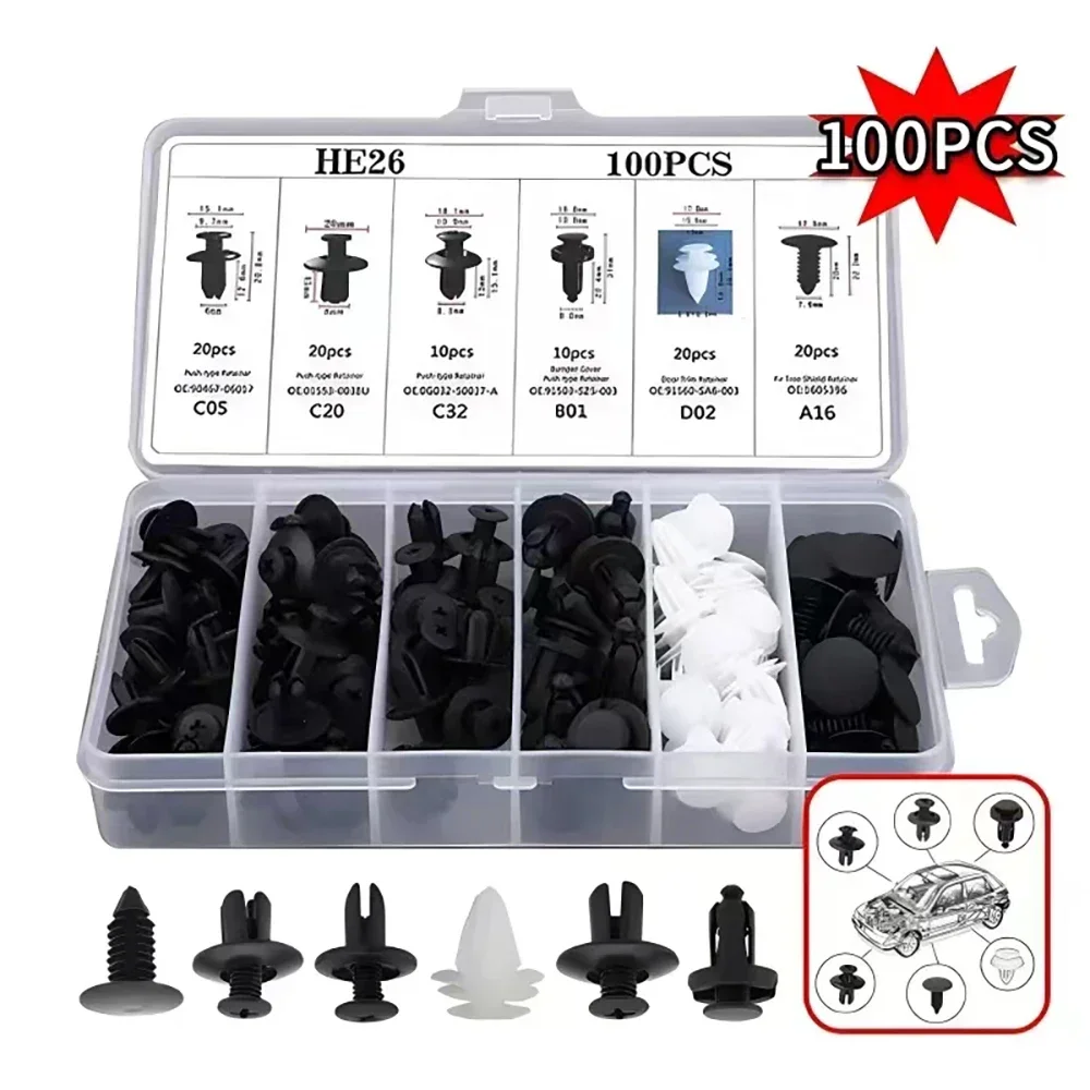 Kit de clips de sujeción automático de 100 piezas: retenedores de varios tamaños para guardabarros, parachoques, puerta y embellecedor de paneles de automóviles