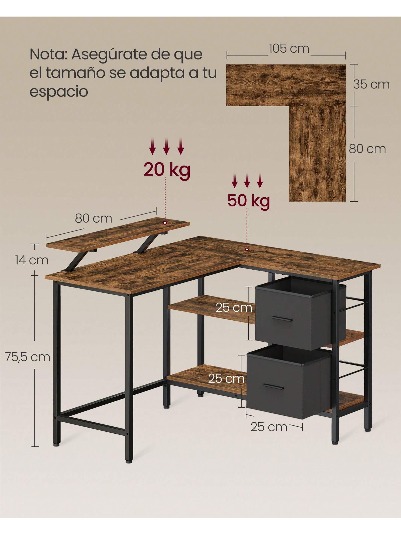 VASAGLE L-Shaped Desk: 2 Drawers, Monitor Stand. Corner/Gaming/Computer Desk. Adjustable Shelf. Home Office. Rustic Brown.