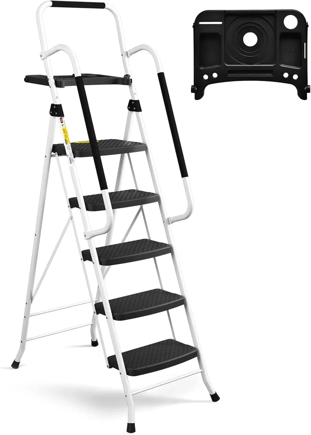 HBTower Escalera 5 Peldaños Plegable con Pasamanos, Escalera con Plataforma para Herramientas, Asas de Goma en Ambos Lados, Fabr