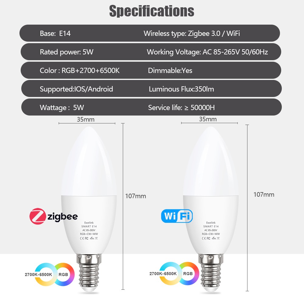 EWelink E14 Smart Zigbee Wifi Led Glühbirnen RGB CW Led Kerze Lampe E14 Birne Für Alexa Google Home Alice Smartthings Kronleuchter