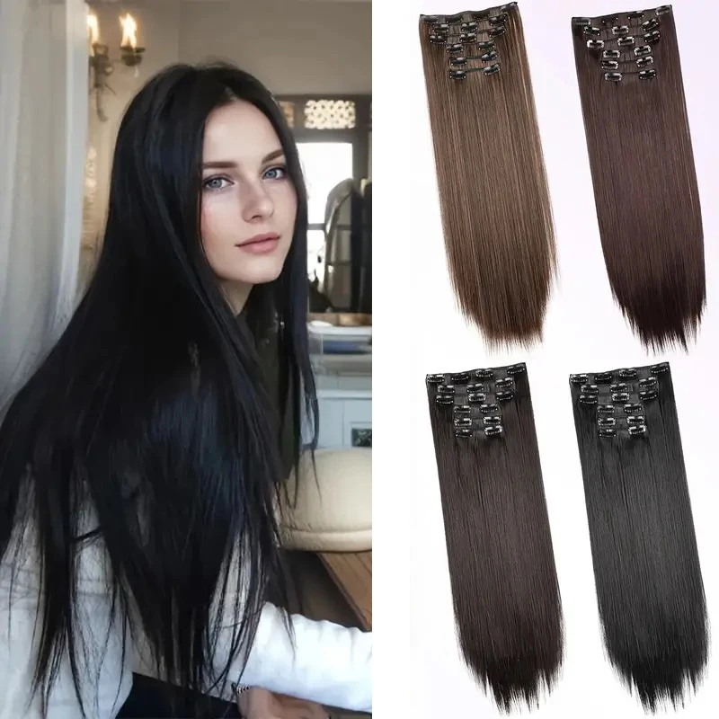 WIGSIN-extensión de cabello sintético para mujer, 6 unidades/juego, larga y recta, con Clip, Invisible, sin costuras, color negro y marrón