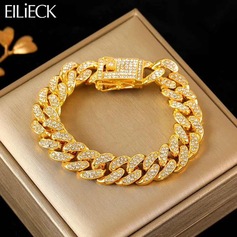 EILIECK-pulsera de cadena cubana para hombre y mujer, brazalete de acero inoxidable 316L, Color dorado, resistente al agua, estilo Punk, ideal para regalo de fiesta
