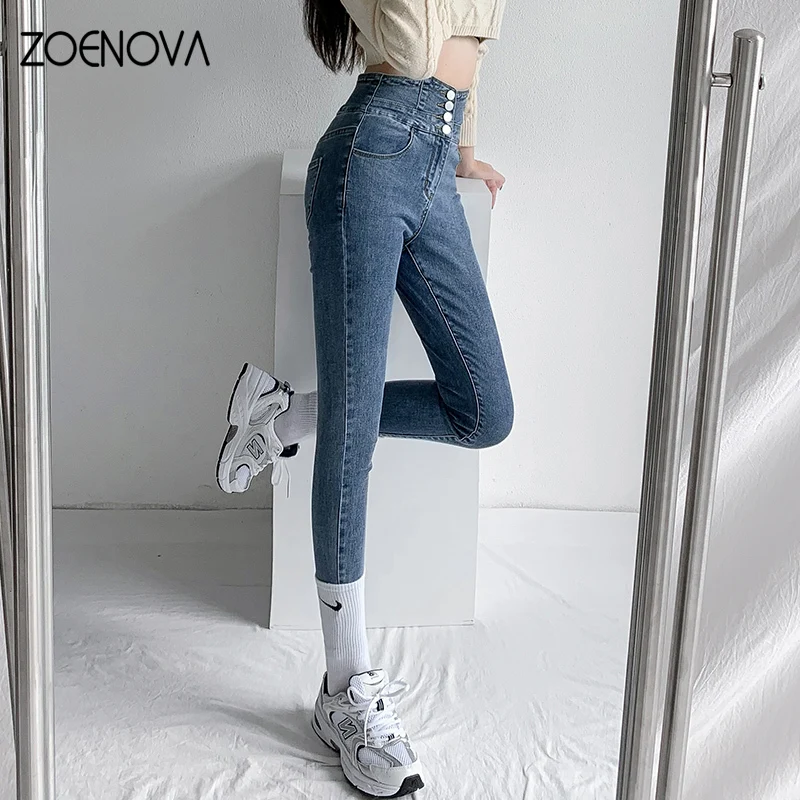 ZOENOVA กางเกงยีนส์ดินสอผอมสี่ปุ่มวินเทจสูงเอวผู้หญิง Slim ยืดกางเกงยีนส์กางเกงกางเกงแน่น 2022 ผู้หญิงกางเกง