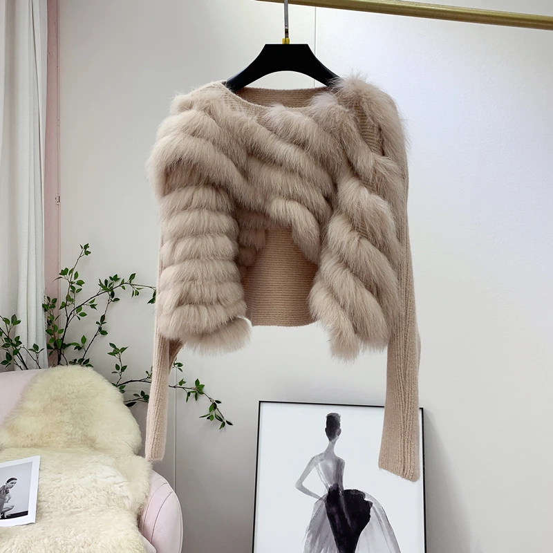 Neuer Herbst/Winter 2022, Damen-Strickpullover mit hoher Taille, Fuchspelz-Umhangmantel