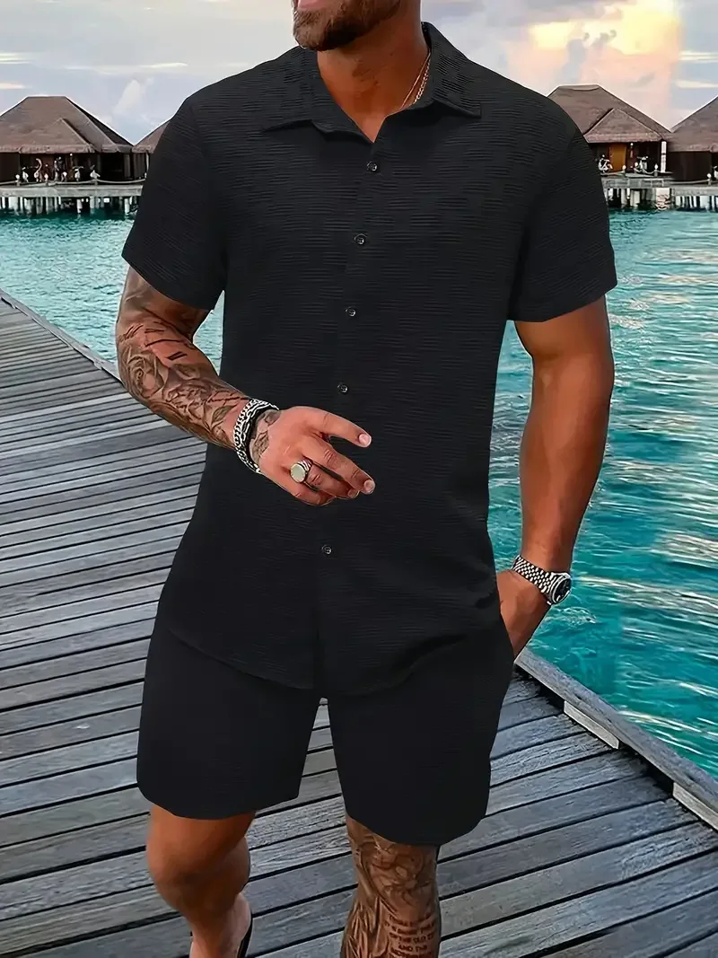 2025, Sommer, einfacher, lockerer, einfarbiger Jacquard-Anzug, kurzärmeliges Herren-Urlaubs-Casual-Style-Hemd und Shorts, zweiteiliges Set