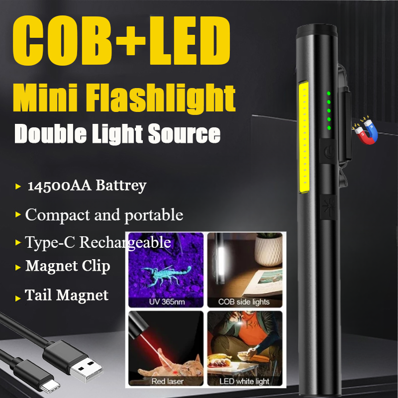 LED-COB-Mini-Taschenlampe, multifunktional, 4 Beleuchtungsmodi, Lampe Typ C, wiederaufladbar, 14500-Akku, starke magnetische Klemme, Arbeitslicht