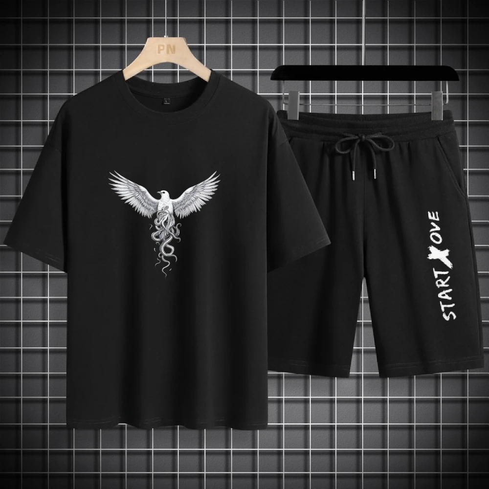 Herren-Sets 2025, Herren-Sport-Zweiteiler-Set, dünn, Freizeitkleidung, bequem, leicht, Freizeit, weißer Adler-Druck, Sport-T-Shirts-Set