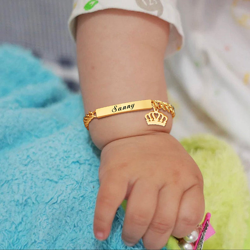 Pulseira de identificação com nome personalizado, presentes para meninos e meninas, pulseira de coroa de elo de corrente de aço inoxidável não alérgica