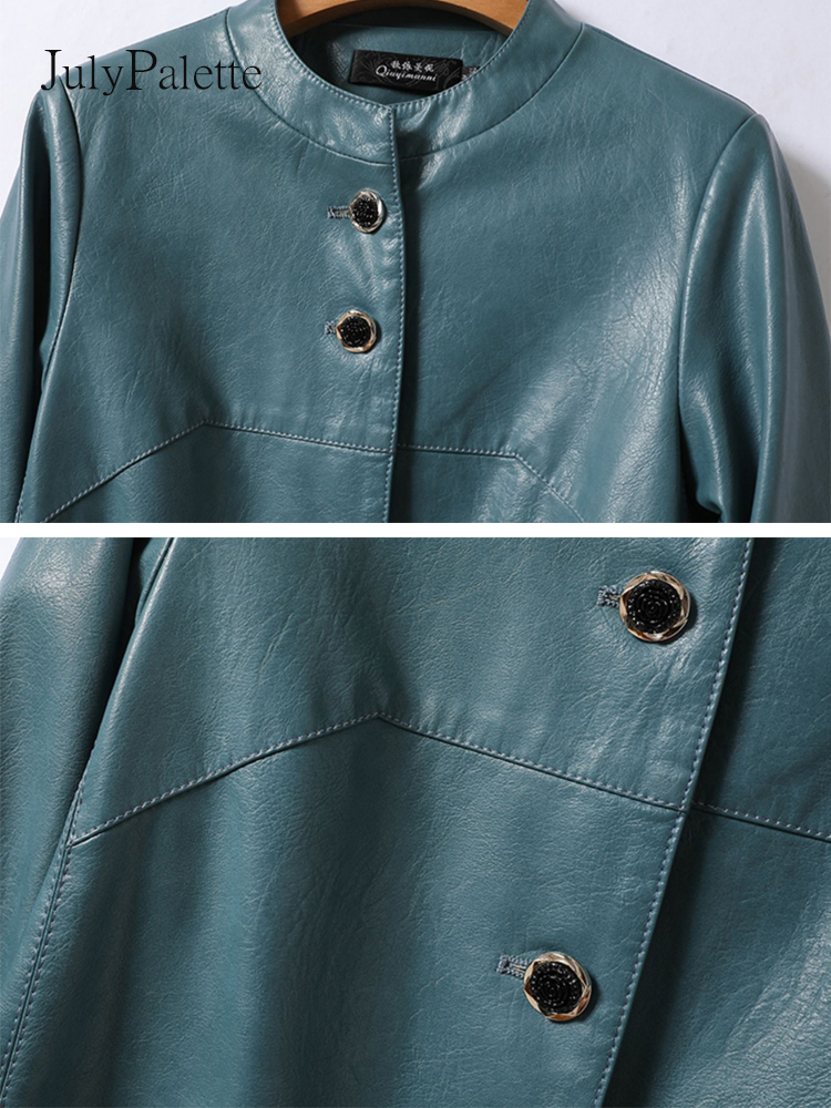 Julypalette-女性のシープスキンOネックシングルブレストスプリットレザーコート、シックな女性のミドル丈アウター、高品質、新しい、M-5XL、2024