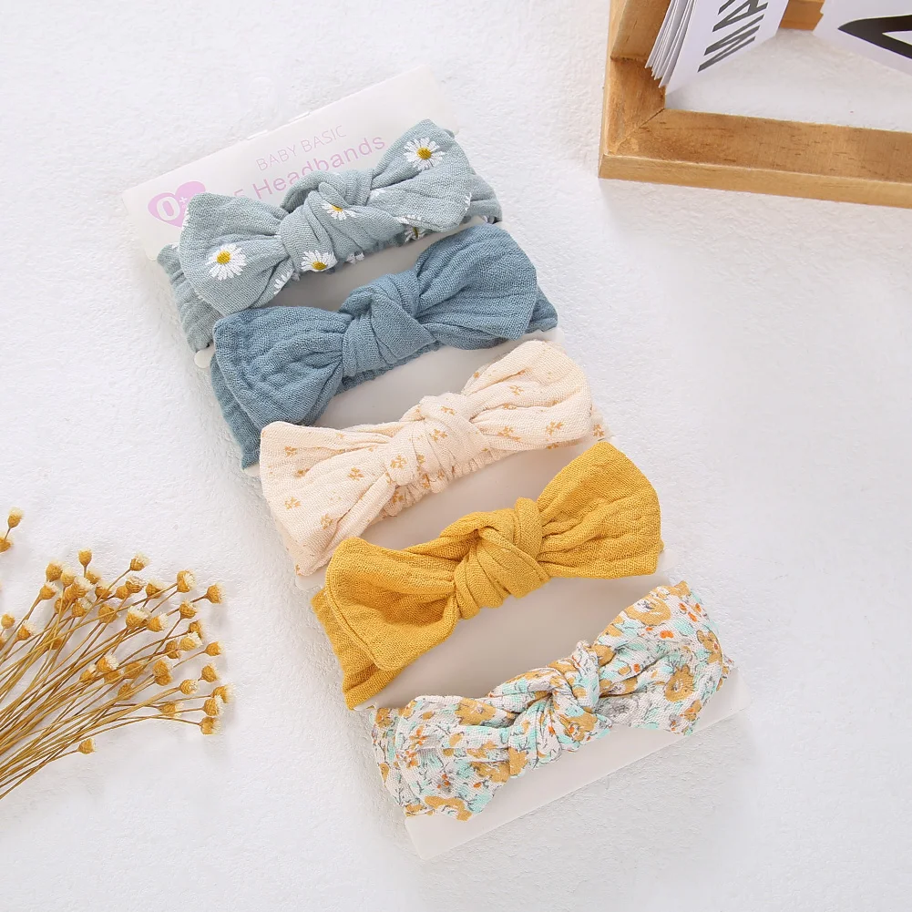 5 unids/set de diadema de lino y algodón de muselina lisa para bebé, banda elástica para el pelo con Orejas de conejo, turbante para niña, accesorios elásticos