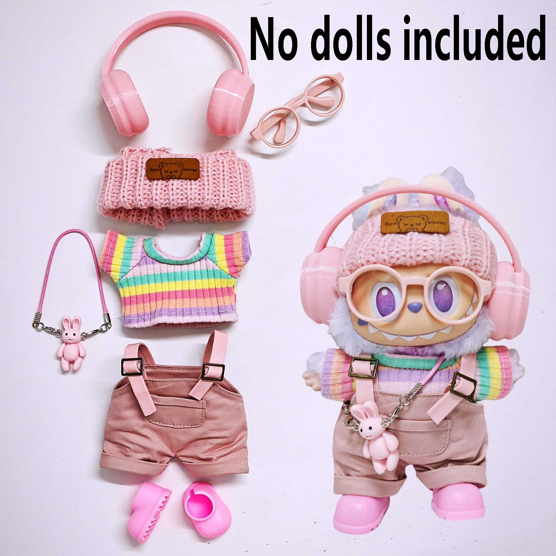 Para roupas de bebê Labubu 15cm - 17cm, feitas de tecido Labubu, macacão rosa, emparelhado com roupas de bebê